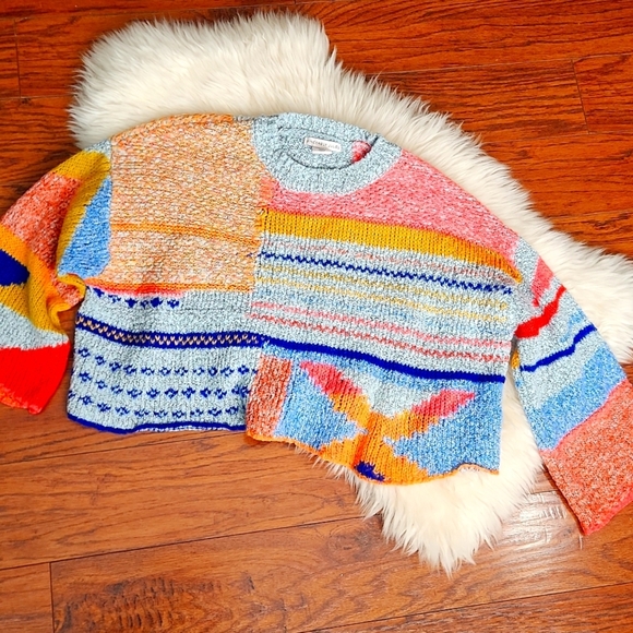 Sincerely Jules Cropped Knit Color Block Wool Blend Sweater - Picture 1 of 5